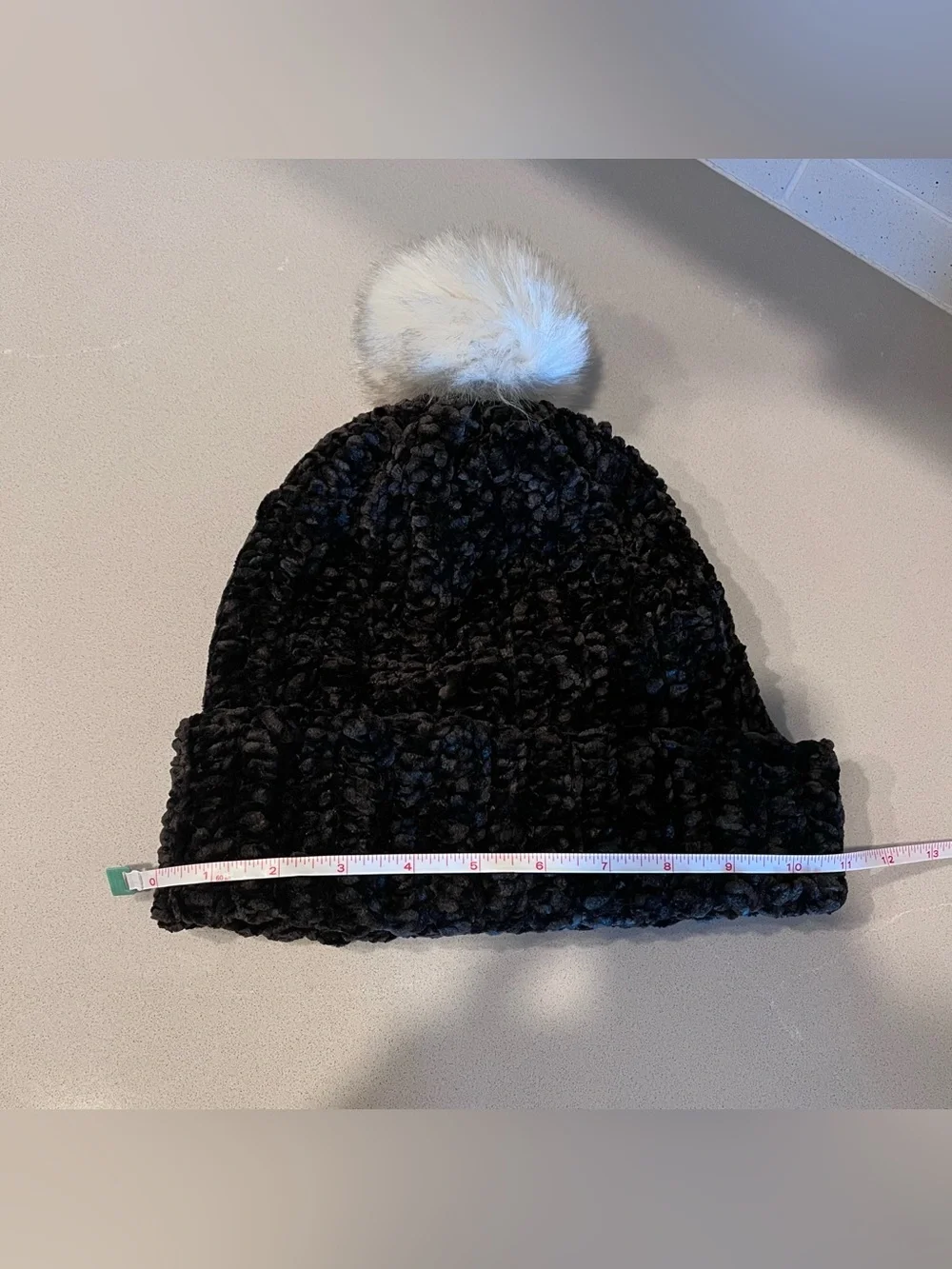 Black chenille knit beanie with white faux fur pom pom, oversized, handmade
